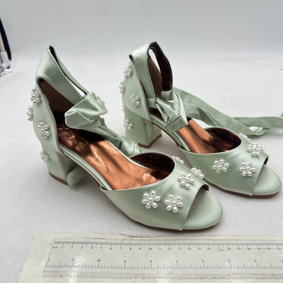 XYD Light Green Open Toe Pearl Flower Ribbon Ankle Strap Chunky Heel Sandal - Picture 3 of 7